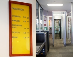 Schild mit Etagenübersicht des Finanzgerichts Düsseldorf  und Eingangsbereich